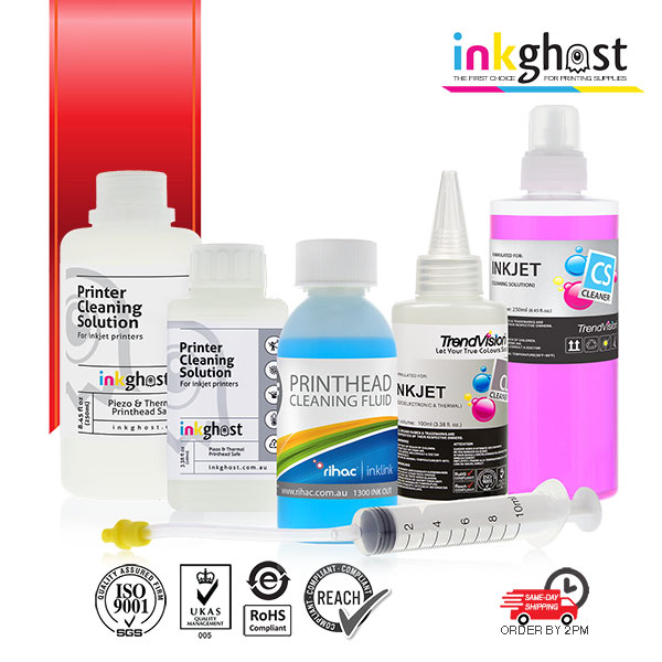 inkjet printhead cleaning solution from rihac.com powerful liquid designed to clean pigment dye or sublimation partilces from printer print heads ranging from 100ml 250ml500ml and 1ltr volumes